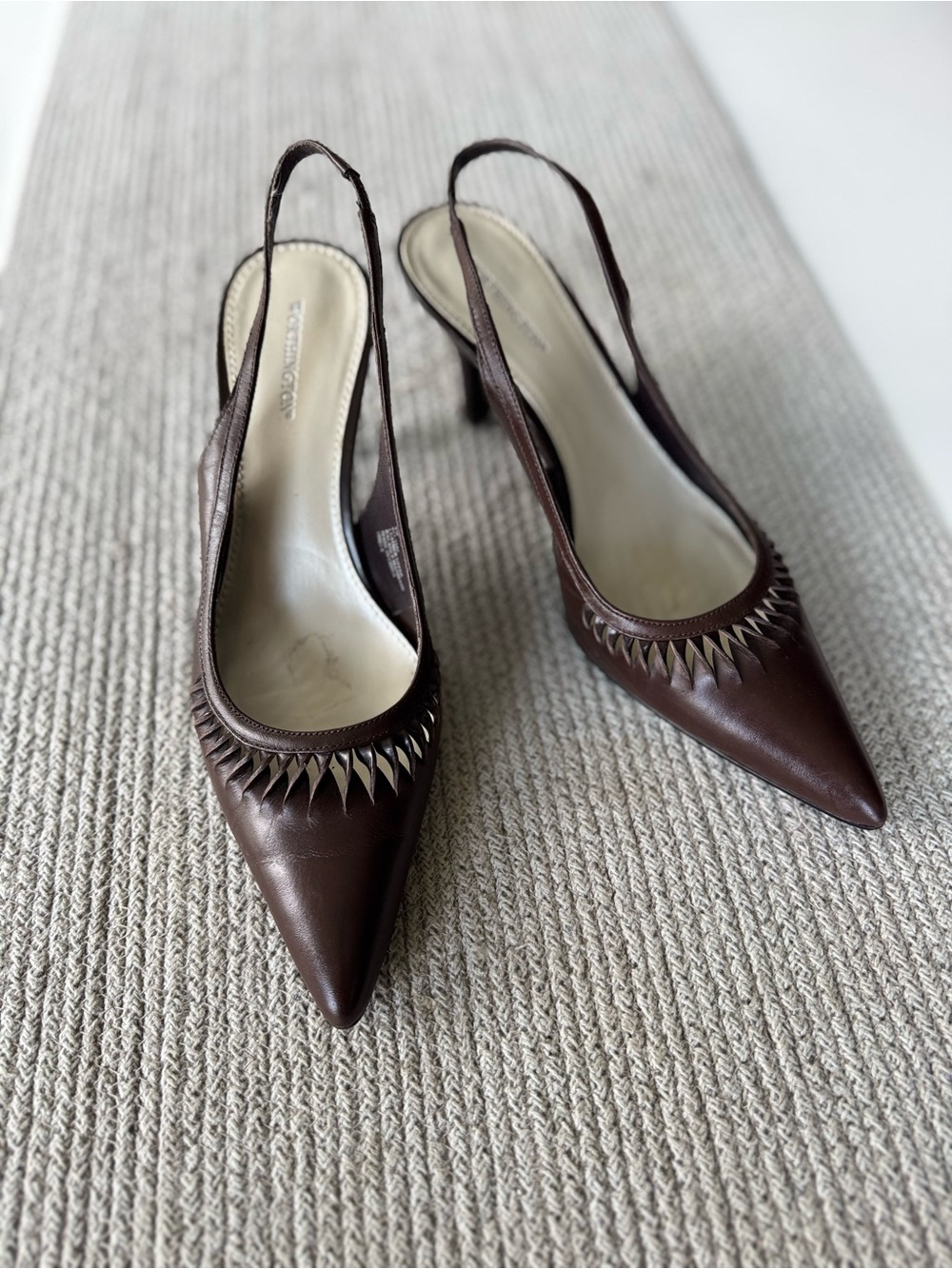 Worthington Dark Brown Leather Pointed Toe Slingback Kitten Heels Woven Detail 9